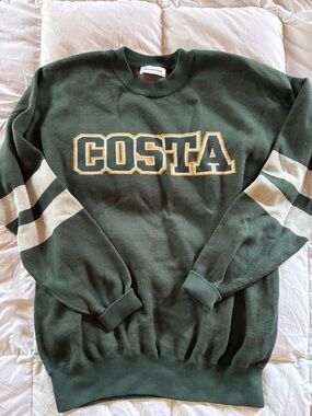 Costa Forest Green Crewneck Sweater with Cream Sleeve Stripes